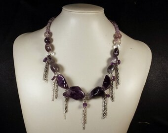 Semi-precious Stone Chunky Necklace with Amethyst and Chains, Handmade