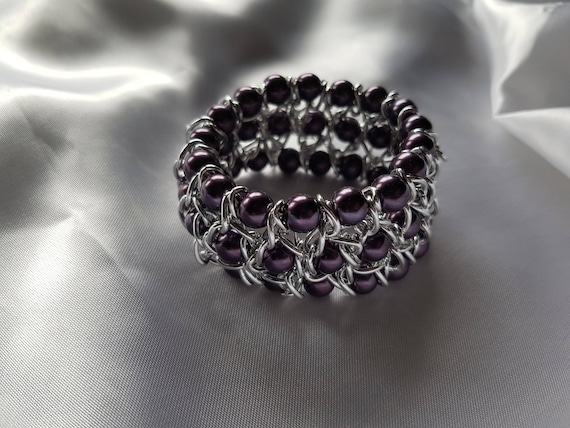 Purple Three Row Stretchy Bracelet With Chains, Available in
