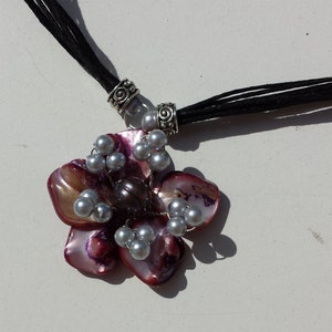 Funky Necklace with Mother of Pearl and Shell Flower, Handmade