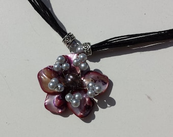 Funky Necklace with Mother of Pearl and Shell Flower, Handmade