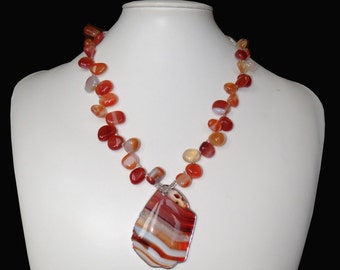 Fire Semi-precious Stone Necklace with Agate Beads, Handmade