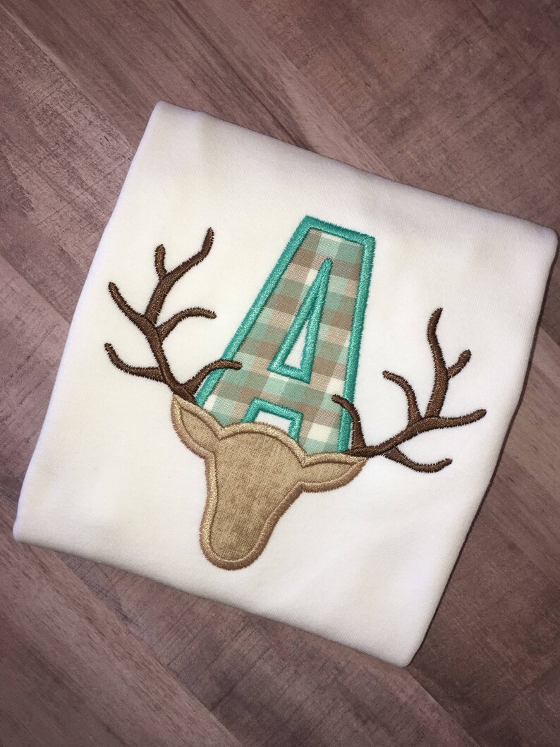 Boys Initial Deer Antlers Monogrammed and Appliqu\u00e9d Onesie or T-Shirt