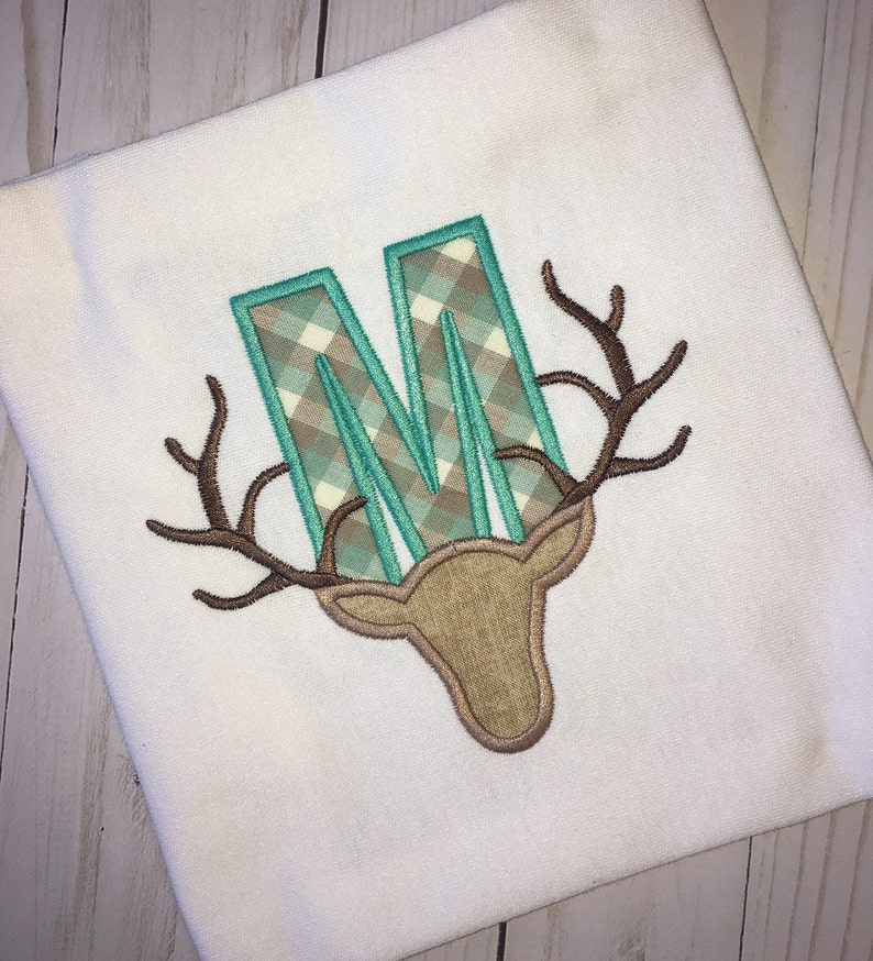 Boys Initial Deer Antlers Monogrammed and Appliqu\u00e9d Onesie or T-Shirt