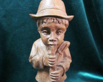 Figurine Vintage Carved Wood Boy Playing Horn 8" Tall X 3" Wide Detailed Made in Ecuador Collectible Piece