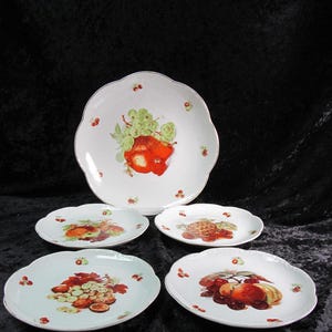 Plates Set Porcelain 5 Pieces Fruit/Salad  One Serving Plate 10-1/4&quot; & Four 7-1/4&quot; Plates Fruit Decoration, Different on Each Plate.