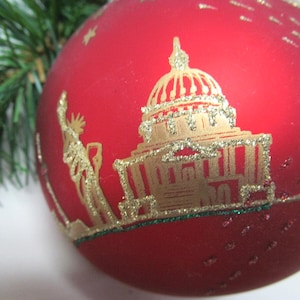 Glass Ornament Vintage Millennium Celebration Czechoslovakia Large 4&quot; Diameter Ball Red Matt Finish Gold Hand Painted Scenes World Landmarks