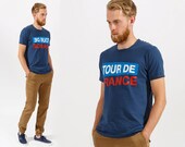 Blue mens minimalistic t-shirt with TOUR DE FRANCE french typographic print in soft cotton