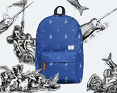 Bright marine blue classic nylon cordura unisex designer backpack with sea unicorn print