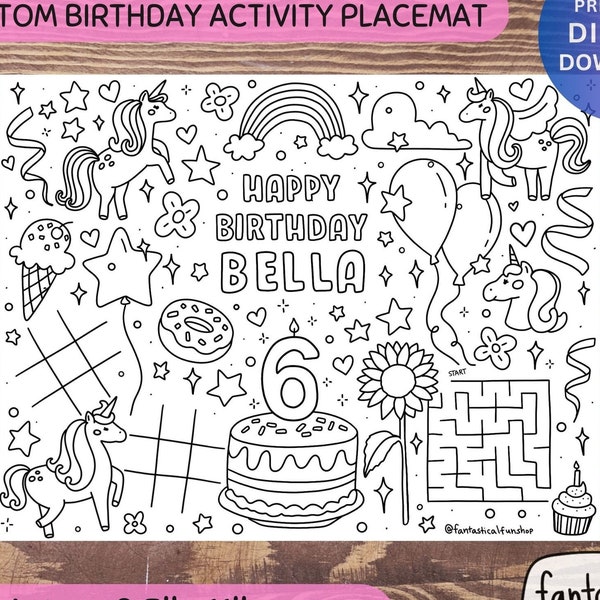 Birthday Coloring Page Placemat, PRINTABLE Custom Personalized Activity Page for Birthday Party, Children's Party Activity, DIGITAL DOWNLOAD