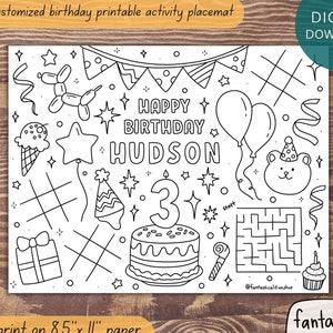 Birthday Coloring Placemat, PRINTABLE Custom Personalized Activity Page for Birthday Party, Children's Party Activity, DIGITAL DOWNLOAD