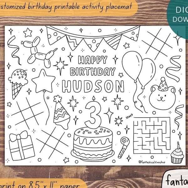 Birthday Coloring Placemat, PRINTABLE Custom Personalized Activity Page for Birthday Party, Children's Party Activity, DIGITAL DOWNLOAD