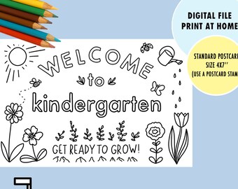 Welcome to Kindergarten Postcard: Printable Coloring Page (4x7 INSTANT DOWNLOAD)