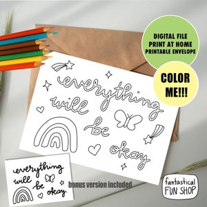 Tarjeta de aliento para niños, tarjeta coloreable IMPRIMIBLE para niños, tarjeta Todo estará bien, 5x7, descarga instantánea, DESCARGA DIGITAL