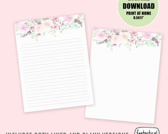 Floral Stationery: Pastel Watercolor Flowers, Lined & Unlined (Digital Download)