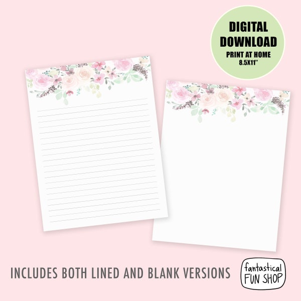 PRINTABLE floral stationary, pastel flowers lined paper, printable paper, watercolor flowers stationery, A4, letter size INSTANT DOWNLOAD