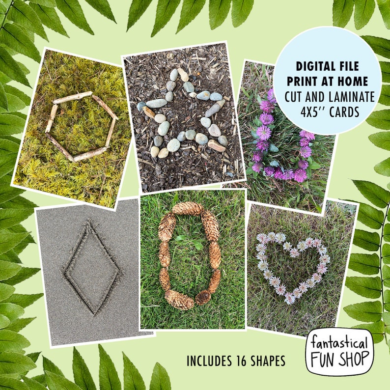 May include: Digital file printable at home for creating 16 shapes using natural materials. The image shows examples of shapes made with sticks, stones, pine cones, and flowers. The cards are 4x5 inches.
