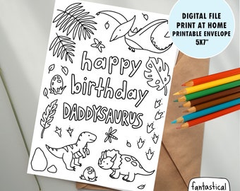 daddysaurus birthday card from child, daddy-saurus rex birthday COLORABLE card for dad, PRINTABLE card INSTANT download coloring card 5x7