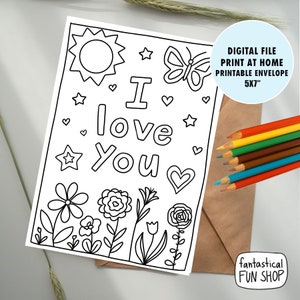 IMPRIMABLE Je t'aime carte d'un enfant, COLORABLE en pensant à vous carte d'enfant, carte pour enfants, carte de la Saint-Valentin à colorier, carte à colorier, 5 x 7