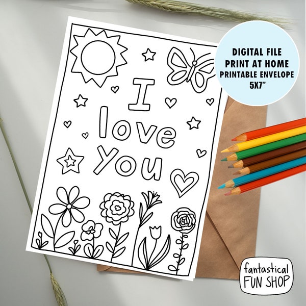 PRINTABLE I love you card from child, COLORABLE thinking of you card from kid, childrens card, colorable valentine card, coloring card, 5x7