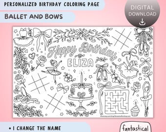 Personalized Ballet Birthday Coloring Page: Printable Party Placemat (Digital Download