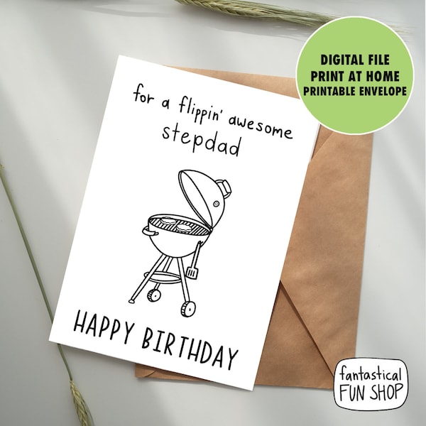 printable STEPDAD birthday card, stepfather grill card, step dad birthday card, step-dad card INSTANT DOWNLOAD, colorable, 5x7 print at home