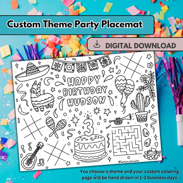 Custom Birthday Placemat Coloring Page - Personalized Party Placemat - Custom Theme Party Coloring Page Printable - DIGITAL DOWNLOAD