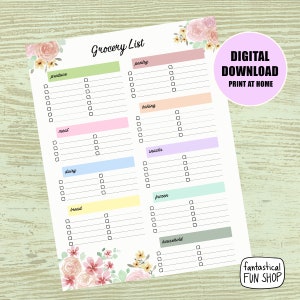 Watercolor Floral Grocery List: Sectioned Printable (Digital Download)
