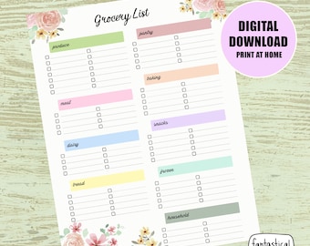 Watercolor Floral Grocery List: Sectioned Printable (Digital Download)