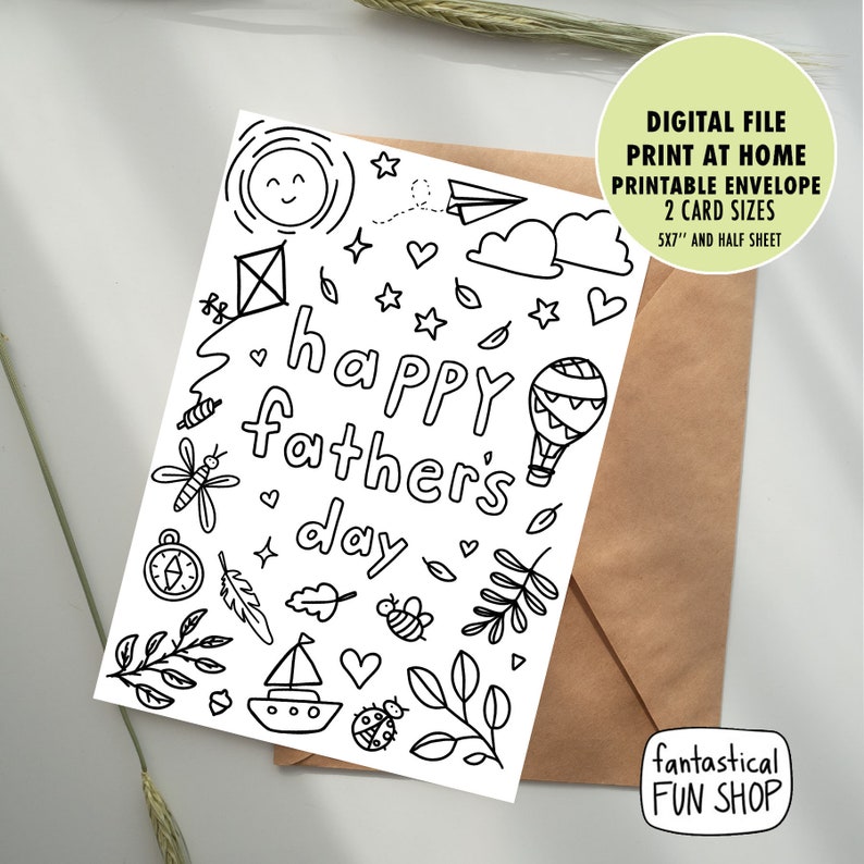 May include: A white greeting card with black line art featuring the text "happy father's day" surrounded by illustrations of a sun, clouds, a kite, a hot air balloon, a boat, a compass, a dragonfly, a bee, a ladybug, leaves, and stars.