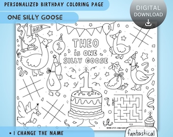 Personalized Silly Goose Birthday Coloring Placemat: First Birthday Party Activity (Digital Download)