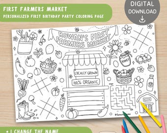 Farmers Market 1st Birthday Coloring Page Placemat: Personalized Party Activity (Digital Download)
