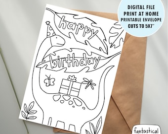 Dinosaur Birthday Card for Kids: Colorable 5x7 (Printable Digital Download)