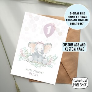 Baby Mädchen erste Geburtstagskarte, 1. Geburtstagskarte, DRUCKBARE benutzerdefinierte Name Baby Karte, rosa Baby Elefant Karte, personalisiert DIGITAL DOWNLOAD
