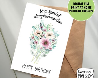 Könnte beinhalten: Druckbare Geburtstagskarte mit einem Aquarell-Blumenstrauß und dem Text "an eine besondere Schwiegertochter" und "Alles Gute zum Geburtstag".