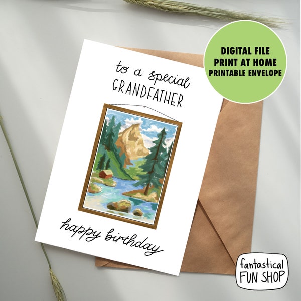 PRINTABLE grandfather birthday card, grandpa nature painting antique landscape card, 5x7 A7 INSTANT DOWNLOAD card, hand drawn, hand lettered