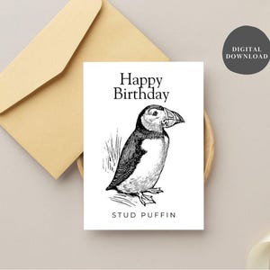 Carte d'anniversaire macareux, tenon macareux carte d'anniversaire imprimable pour lui, amoureux des oiseaux, carte pour homme, carte d'anniversaire pour mari, TÉLÉCHARGEMENT IMMÉDIAT