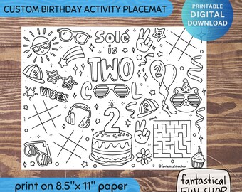 Second Birthday Coloring Placemat, Two Cool PRINTABLE coloring page, Personalized Activity Page, 2 year old Birthday Party, DIGITAL DOWNLOAD
