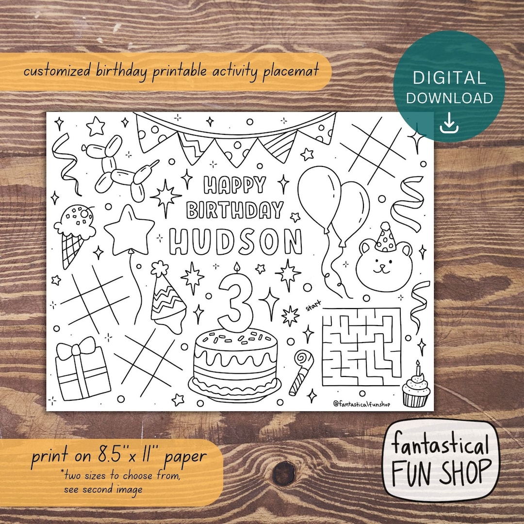 Birthday Coloring Placemat, PRINTABLE Custom Personalized Activity Page