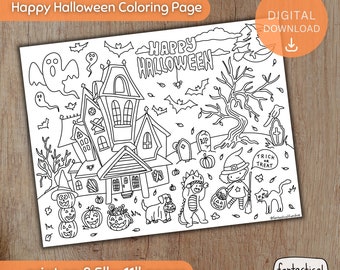 Puede incluir: Una página para colorear de Halloween en blanco y negro con el texto "Happy Halloween". La ilustración presenta una casa embrujada, fantasmas, murciélagos, calabazas, niños pidiendo dulces y un gato negro. La página está diseñada para imprimir en papel de 21,6 x 27,9 cm.
