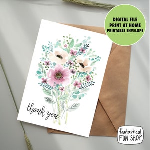 Carte de remerciement IMPRIMABLE avec fleurs, bouquet aquarelle, carte peinte à la main, appréciation de l'infirmière, appréciation de l'hôpital, enseignant, TÉLÉCHARGEMENT