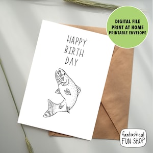 Druckbare Geburtstagskarte Fisch, Fisch zum Ausmalen, Angelkarte, schwarz weiß Karte, digitaler Download Karte 5x7 alles Gute zum Geburtstag Fisch Karte, Forelle