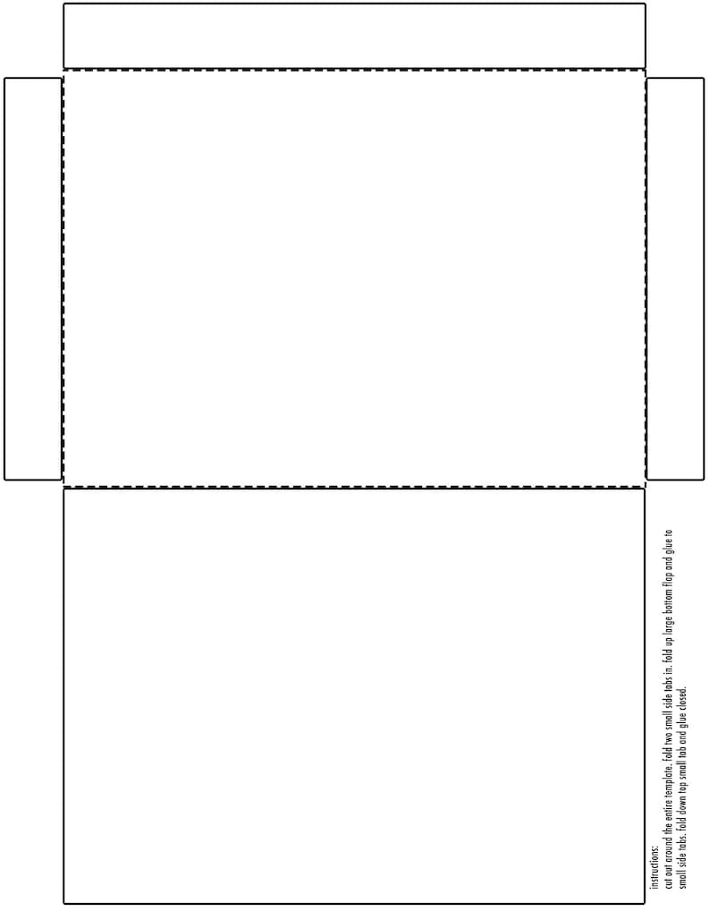 May include: A white paper template for a box with dashed fold lines and solid cut lines. The text on the right side reads: instructions: cut out around the entire template, fold two small side tabs in, fold up large bottom flap and glue to small side tabs, fold down top small tab and glue closed.