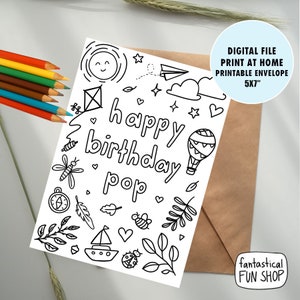 feliz cumpleaños pop tarjeta COLORABLE IMPRIMIBLE para niños, imprimir y colorear tarjeta de cumpleaños para abuelo, abuelo, de niño, descarga digital