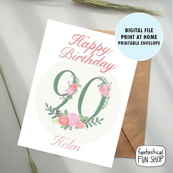 90th birthday card, personalized PRINTABLE elderly birthday card with name, happy 90th birthday, 90 years old card, digital download card