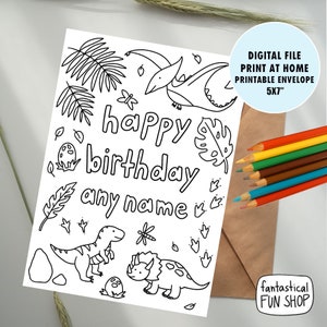Carte d'anniversaire de l'enfant, carte personnalisée, carte d'anniversaire COLORABLE de nom personnalisé de l'enfant, anniversaire de dinosaure, IMPRIMABLE, TÉLÉCHARGEMENT numérique