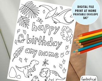 Personalized Dinosaur Birthday Card: Colorable Kids Card (Digital Download)