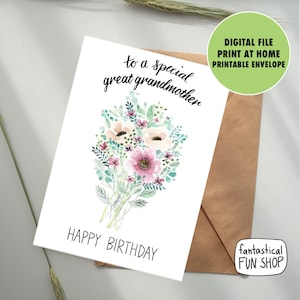 Cartão de ANIVERSÁRIO para bisavó para impressão, buquê de flores, bisavó, cartão de aniversário floral em aquarela pintado à mão, tamanho A7 5x7 BAIXAR
