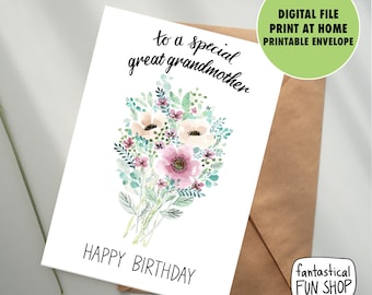 May include: A white birthday card featuring a watercolour floral bouquet and the text "to a special great grandmother" and "Happy Birthday." Includes a brown envelope and a green circle with text.
