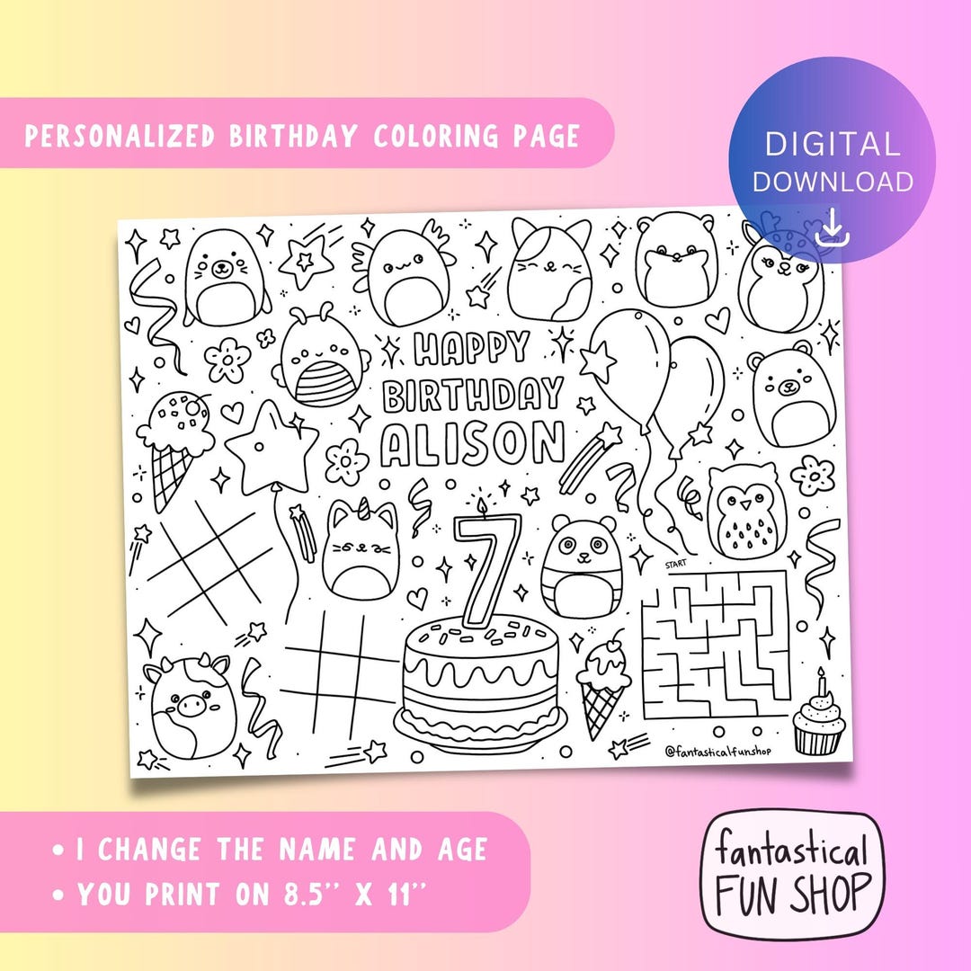 Squishmallow Birthday Coloring Page, Birthday Party Placemat, PRINTABLE ...