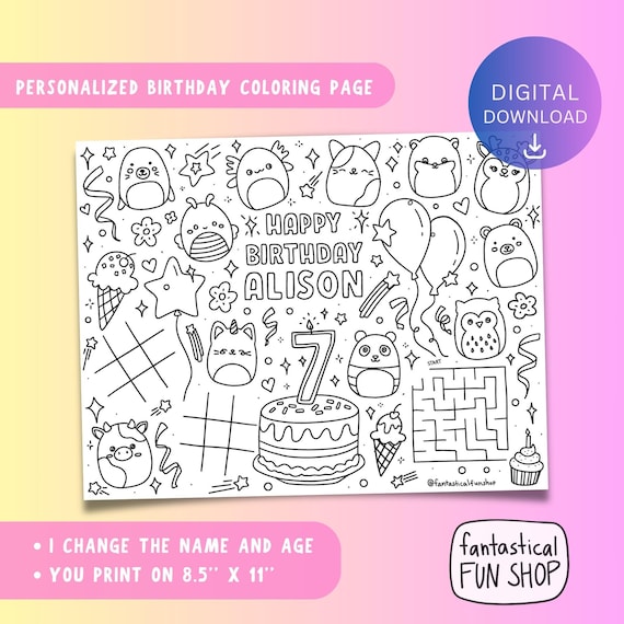 Personalized Squishmallow Birthday Coloring Page: Printable Party Placemat (Digital Download)